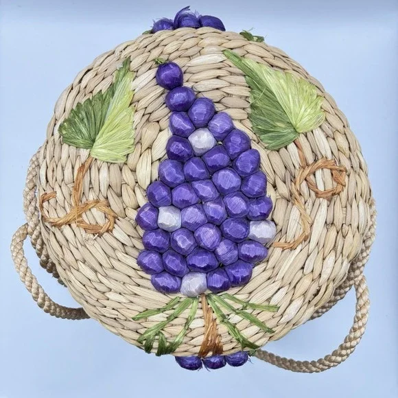 Vintage‎ Wicker Purple Grapes Basket Handbag Made In Philippines - Picture 7 of 12